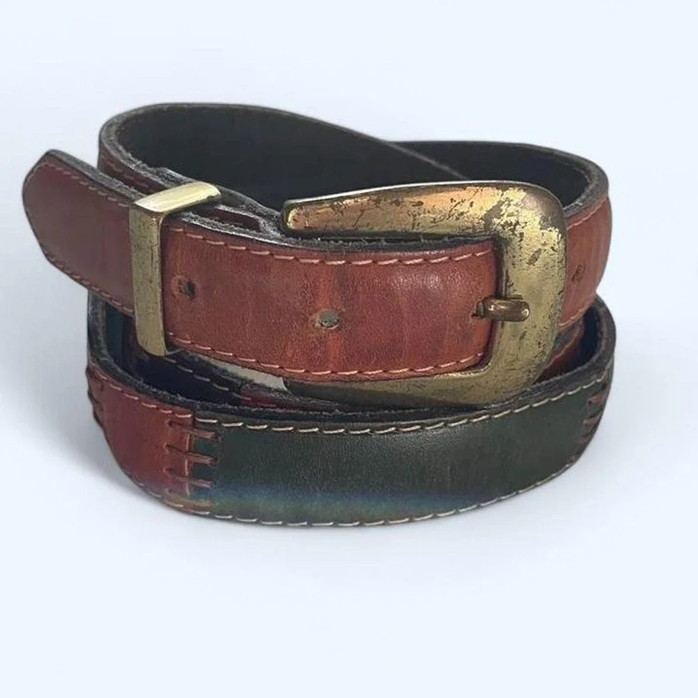 Patchwork leather belt with brass buckle size XL by Fossil